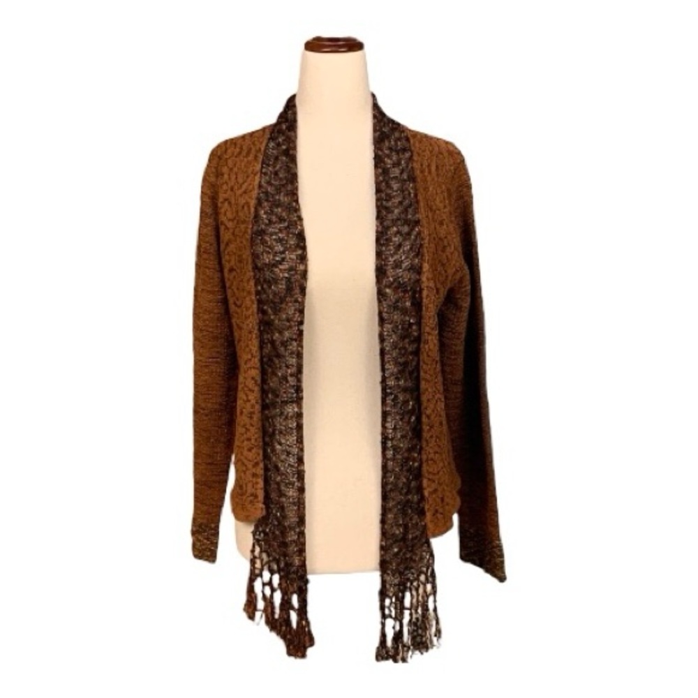 Curio Rust Orange Brown Damask Open Front Cardigan Crochet Trim Fringe Size S